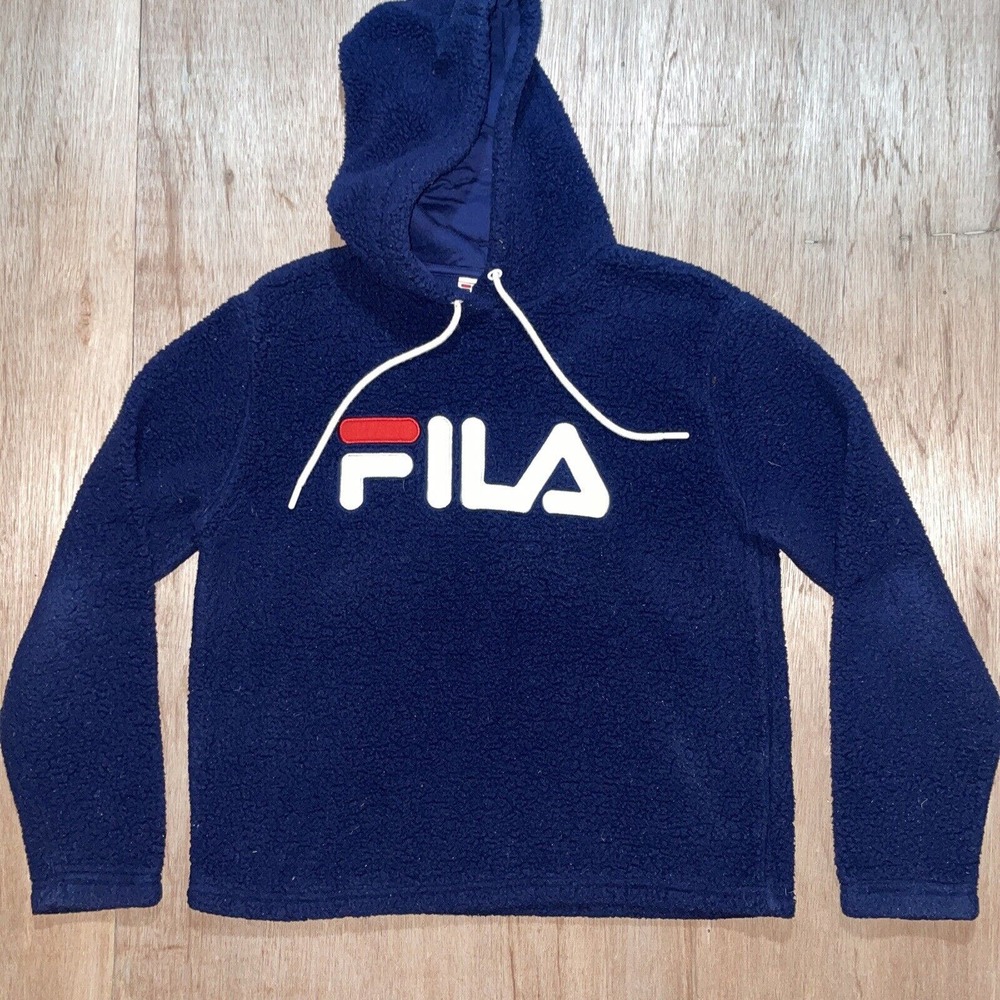 FILA Size L Womens Navy Active Long Sleeve Sherpa Fleece Pullover Hoodie